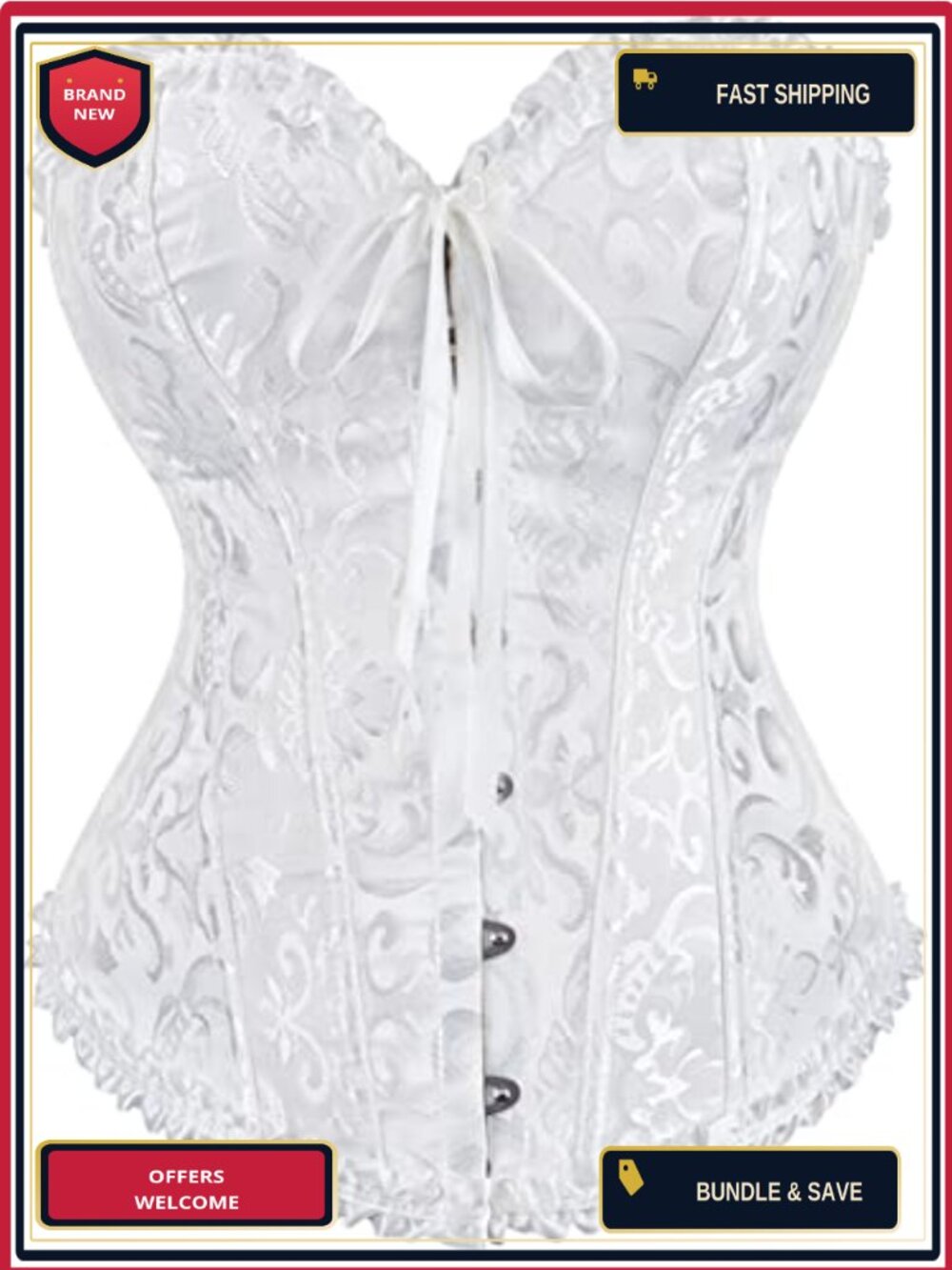 Lace Up Corset Top Overbust Body Shaper Bustier with Lace Trim, 14 Plastic Bones